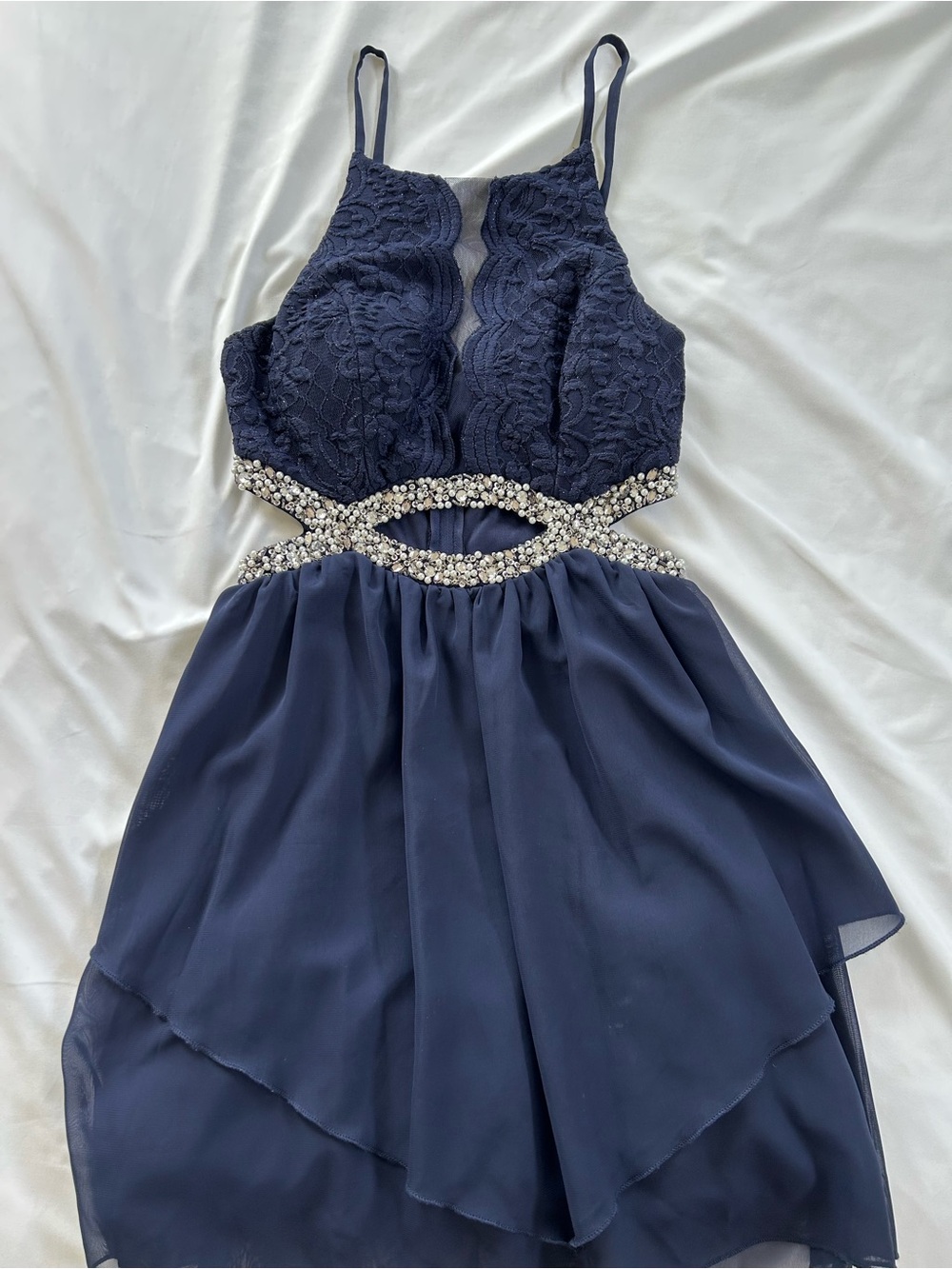 Xtraordinary Navy Lace Chiffon Dress with Jeweled Cutouts